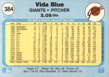 1982 Fleer #384 Vida Blue Back