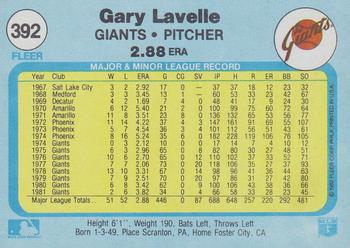 1982 Fleer #392 Gary Lavelle Back