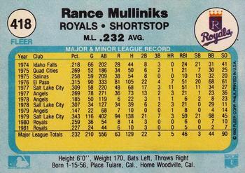 1982 Fleer #418 Rance Mulliniks Back