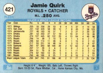 1982 Fleer #421 Jamie Quirk Back