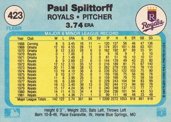 1982 Fleer #423 Paul Splittorff Back