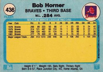 1982 Fleer #436 Bob Horner Back