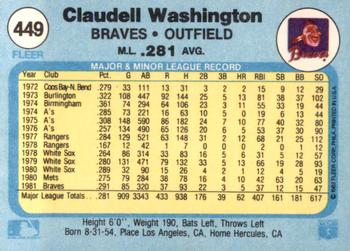 1982 Fleer #449 Claudell Washington Back