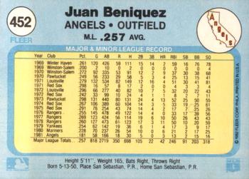 1982 Fleer #452 Juan Beniquez Back