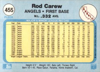 1982 Fleer #455 Rod Carew Back