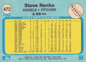 1982 Fleer #472 Steve Renko Back