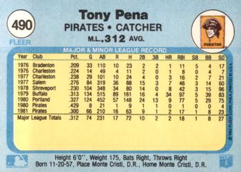 1982 Fleer #490 Tony Pena Back