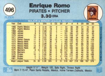 1982 Fleer #496 Enrique Romo Back