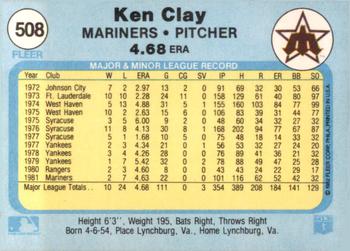 1982 Fleer #508 Ken Clay Back