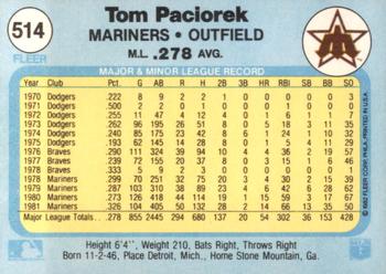 1982 Fleer #514 Tom Paciorek Back
