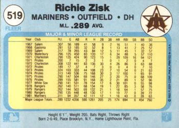 1982 Fleer #519 Richie Zisk Back