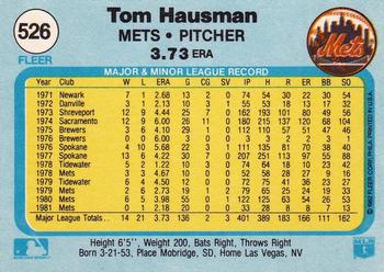 1982 Fleer #526 Tom Hausman Back