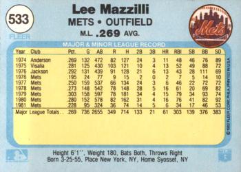 1982 Fleer #533 Lee Mazzilli Back