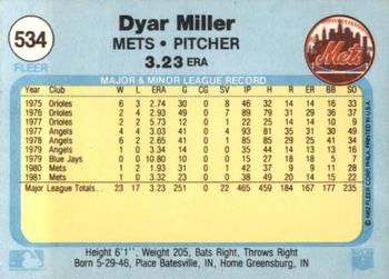 1982 Fleer #534 Dyar Miller Back