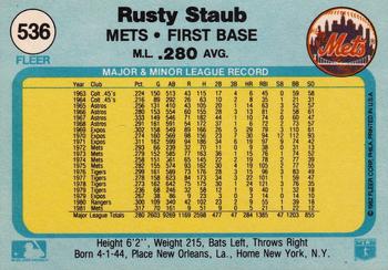 1982 Fleer #536 Rusty Staub Back