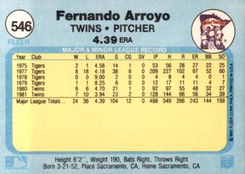 1982 Fleer #546 Fernando Arroyo Back