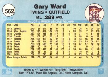 1982 Fleer #562 Gary Ward Back