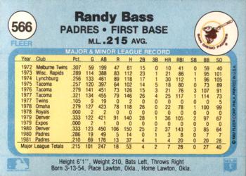 1982 Fleer #566 Randy Bass Back