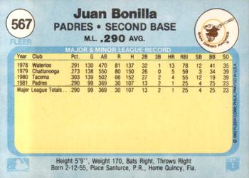 1982 Fleer #567 Juan Bonilla Back