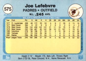 1982 Fleer #575 Joe Lefebvre Back
