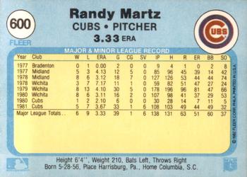 1982 Fleer #600 Randy Martz Back