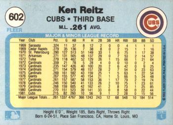 1982 Fleer #602 Ken Reitz Back