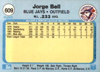 1982 Fleer #609 Jorge Bell Back