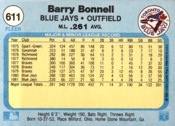 1982 Fleer #611 Barry Bonnell Back