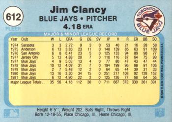 1982 Fleer #612 Jim Clancy Back
