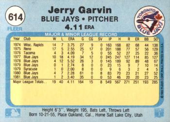1982 Fleer #614 Jerry Garvin Back
