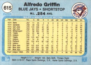 1982 Fleer #615 Alfredo Griffin Back