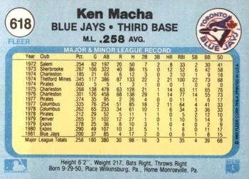 1982 Fleer #618 Ken Macha Back