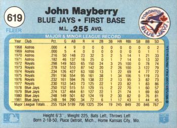 1982 Fleer #619 John Mayberry Back