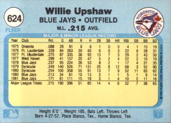 1982 Fleer #624 Willie Upshaw Back
