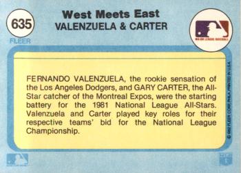 1982 Fleer #635 West Meets East (Fernando Valenzuela / Gary Carter) Back