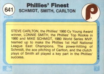 1982 Fleer #641 Phillies' Finest (Mike Schmidt / Lonnie Smith / Steve Carlton) Back