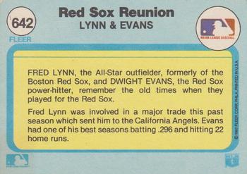 1982 Fleer #642 Red Sox Reunion (Fred Lynn / Dwight Evans) Back