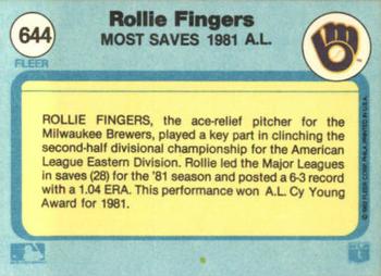 1982 Fleer #644 Rollie Fingers Back