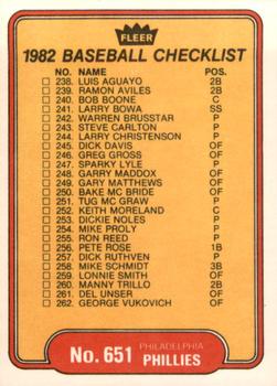 1982 Fleer #651 Checklist: Astros / Phillies Back