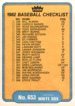 1982 Fleer #653 Checklist: Rangers / White Sox Back