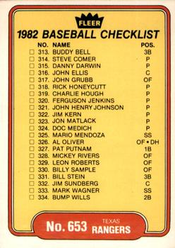 1982 Fleer #653 Checklist: Rangers / White Sox Front