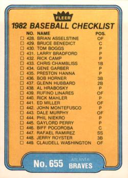 1982 Fleer #655 Checklist: Royals / Braves Back