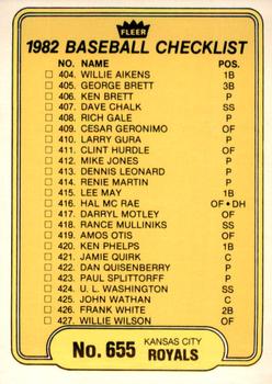 1982 Fleer #655 Checklist: Royals / Braves Front