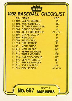 1982 Fleer #657 Checklist: Mariners / Mets Front