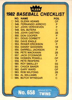 1982 Fleer #658 Checklist: Twins / Padres Front