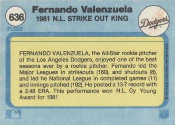 1982 Fleer #636 Fernando Valenzuela Back