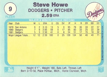 1982 Fleer #9 Steve Howe Back