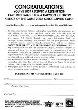 2002 Fleer Greats of the Game - Autographs Redemptions #NNO Harmon Killebrew Back