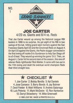 1991 Donruss - Grand Slammers #1 Joe Carter Back
