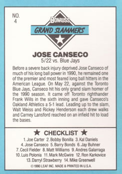 1991 Donruss - Grand Slammers #4 Jose Canseco Back